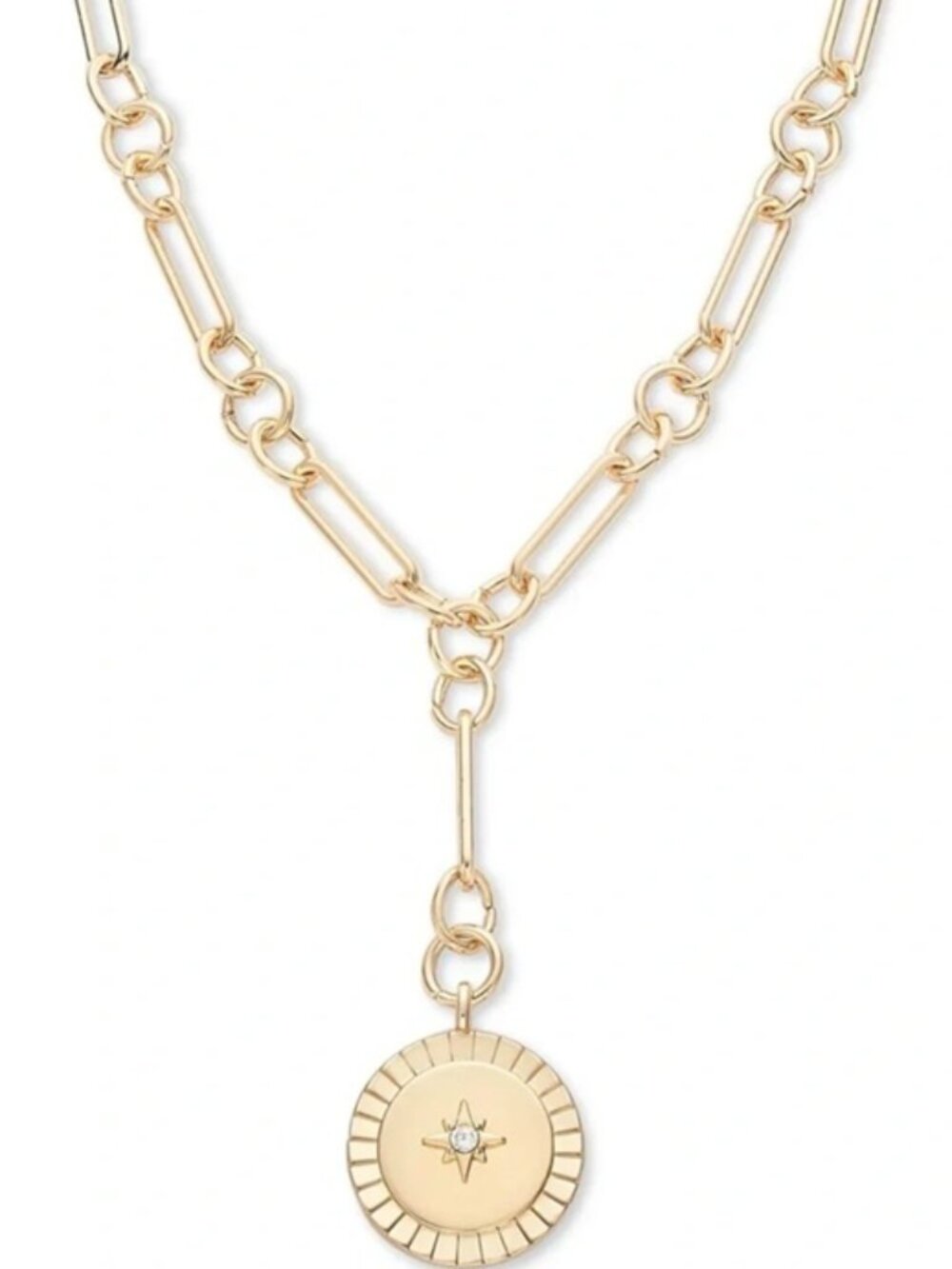 ON 34th Gold Celestial Starburst Round Disc with Clear Crystal Chain Necklace